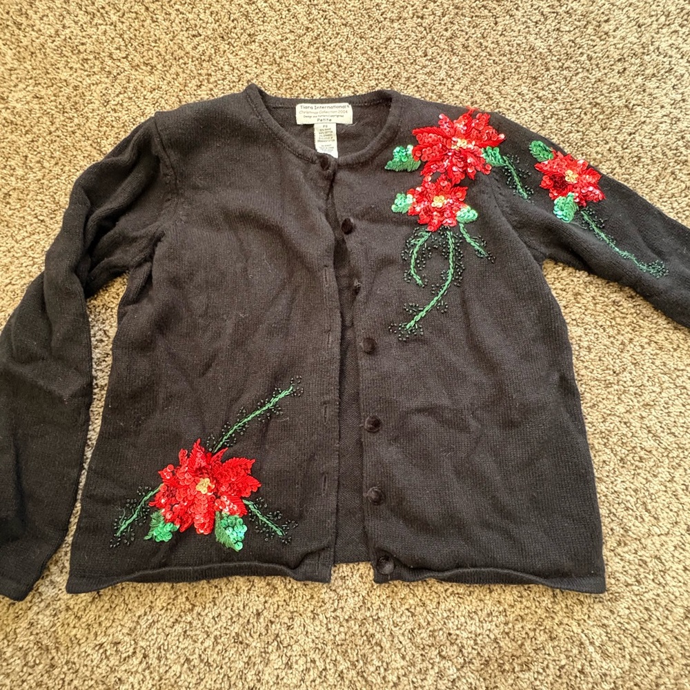 Vintage Embroidered beaded Floral Black Christmas poinsettias Sweater